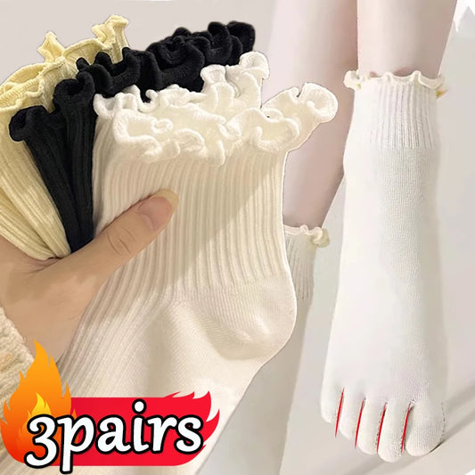 Cotton Five Finger Socks for Woman Edge Curl Fashions White Loose Harajuku Short Socks with Toes Japanese Split Toe Socks