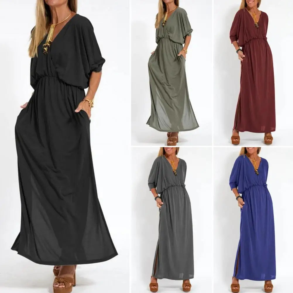 Comfortable Long Dress Elegant V-neck Split Dress for Women Loose Fit High Waisted Solid Color Spring Summer Shirt