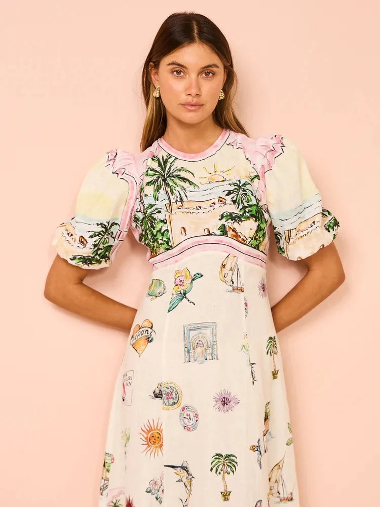 Women Casual Print Empire Waist Long Dress Short Sleeve Comfortable Loose Vintage Robe Party Club Vestidos
